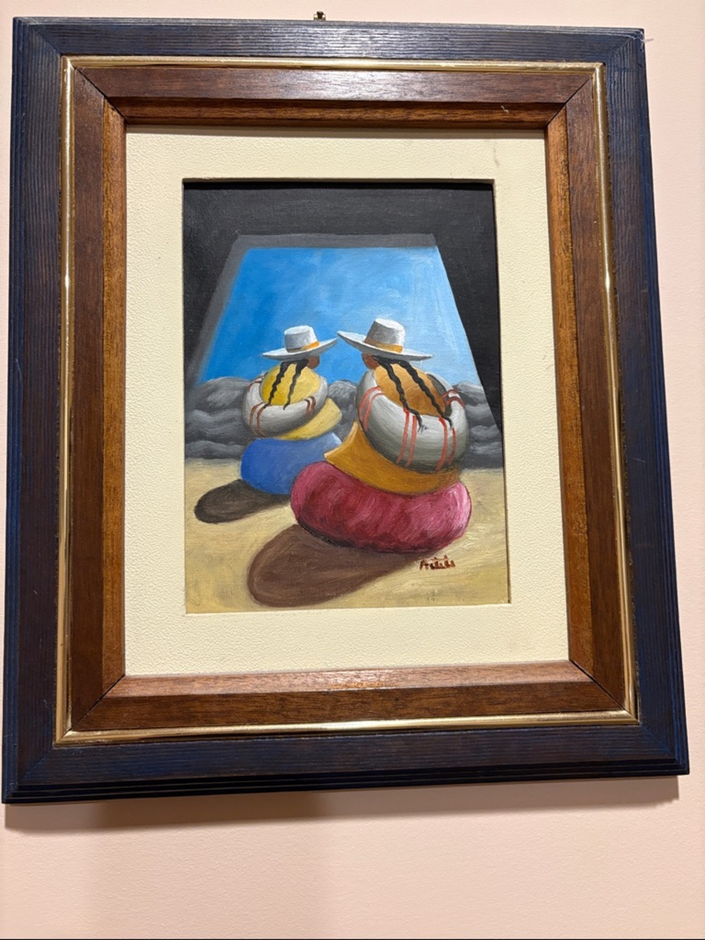 Vintage Framed Folk Art Painting - Two Figures in Blue, Pink, Yellow